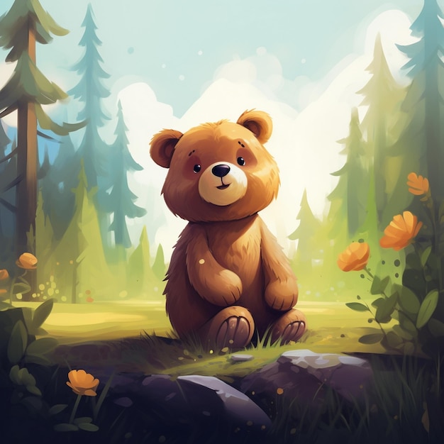 Cute bear illustration with forest background