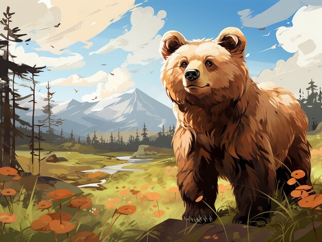 Cute bear illustration with forest background