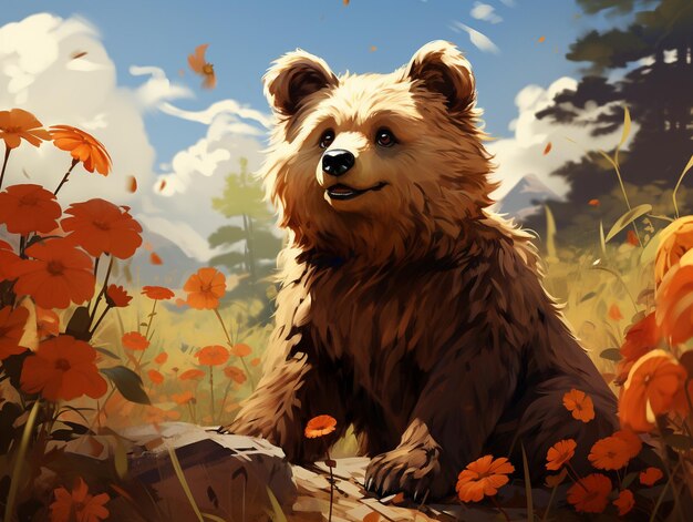 Cute bear illustration with forest background