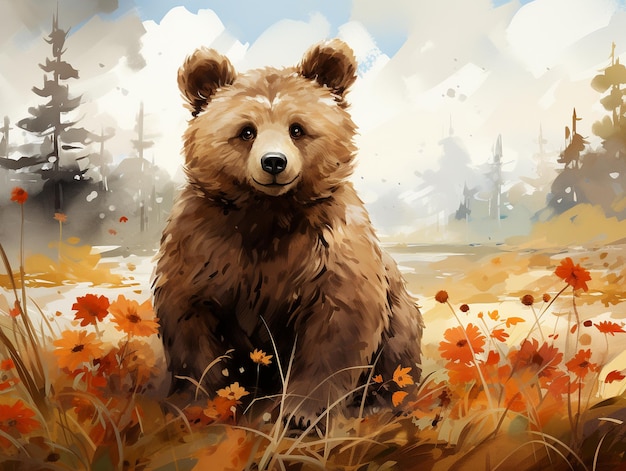 Cute bear illustration with forest background