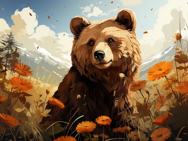 Милая иллюстрация медведя на лесистом фоне