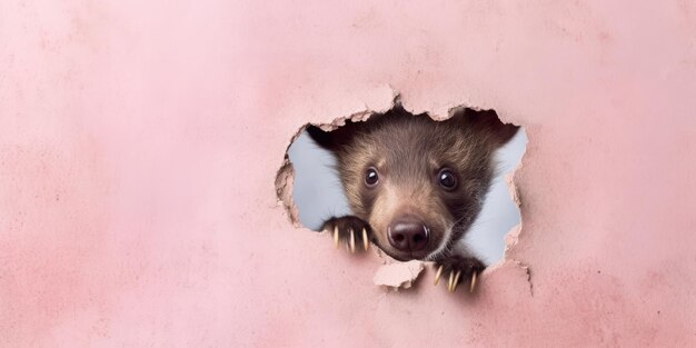 Foto un orsacchiotto carino che sbircia da un buco nel muro, un buco strappato, un modello di fotogramma spaziale vuoto, un'immagine generativa di ai.