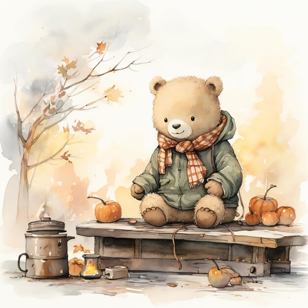 Cute Bear on a Picnic sitting by the bench
