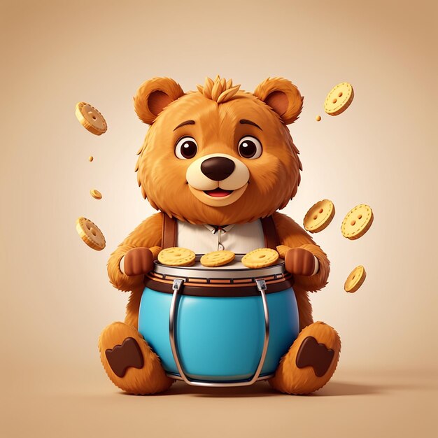 Cute bear playing biscuit drum cartoon vector icon illustration animal food icon concept isolated