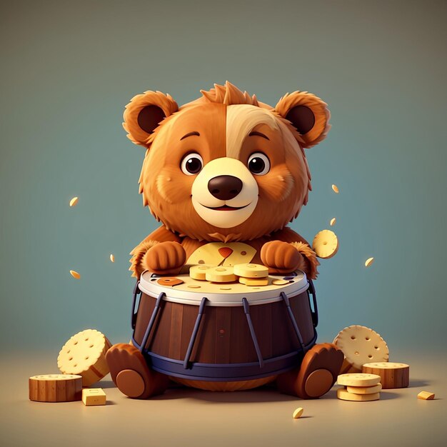 Cute bear playing biscuit drum cartoon vector icon illustration animal food icon concept isolated