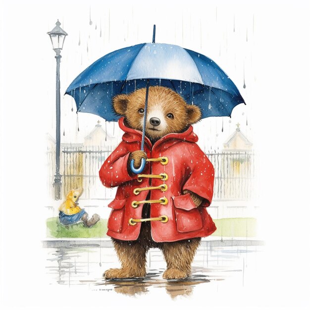 Cute bear in raincoat with umbrella watercolor illustration