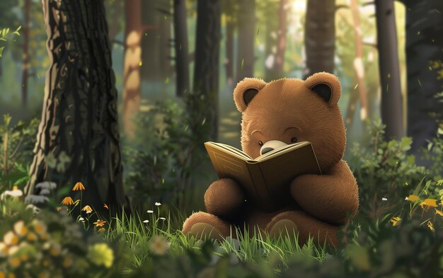 Photo cute bear reading book in the forest