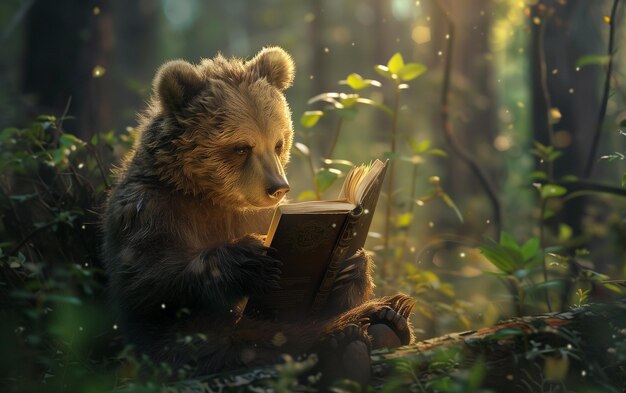 사진 숲에서 책을 읽는 귀여운