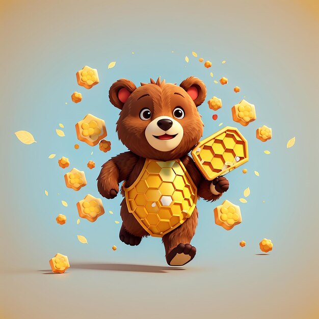 Cute bear running with honeycomb cartoon vector icon illustration animal food icon concept isolated