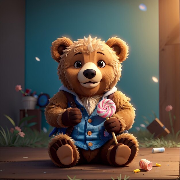 Cute bear sitting carrying a lollipop