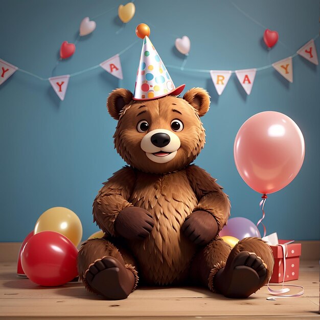 Cute bear sitting wearing birthday hat and holding balloons