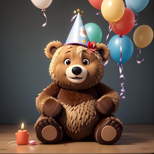 Photo cute bear sitting wearing birthday hat and holding balloons