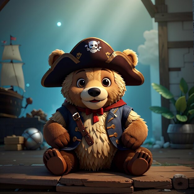 Photo cute bear sitting wearing a pirate hat