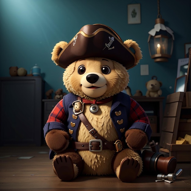 Photo cute bear sitting wearing a pirate hat