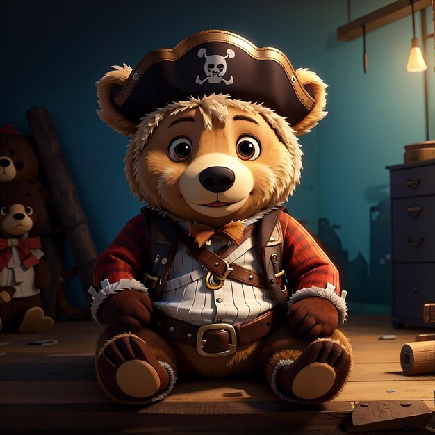 Photo cute bear sitting wearing a pirate hat