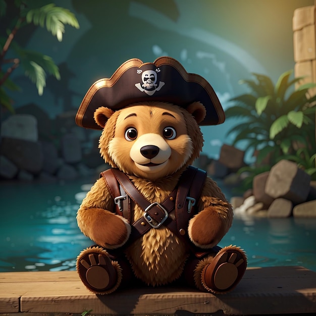 Photo cute bear sitting wearing a pirate hat