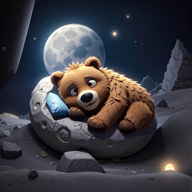 Photo cute bear sleeps on the moon