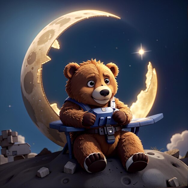 Photo cute bear sleeps on the moon