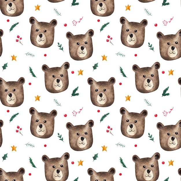 Cute bear Watercolor background Seamless pattern on a white background