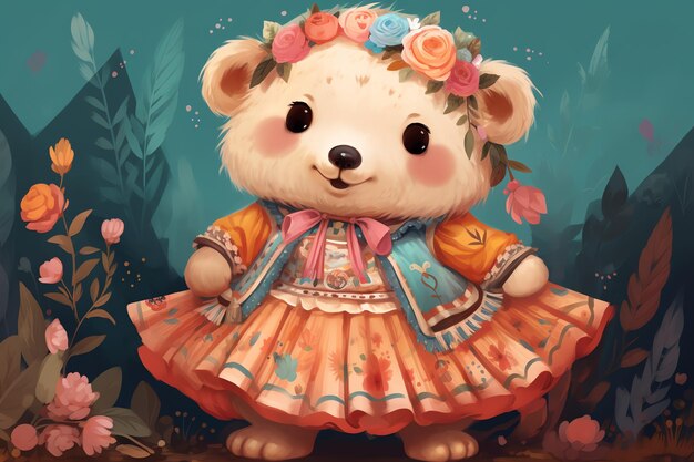 Photo cute bear with boho patterned skirt for kids nursery illustration wall art decoration