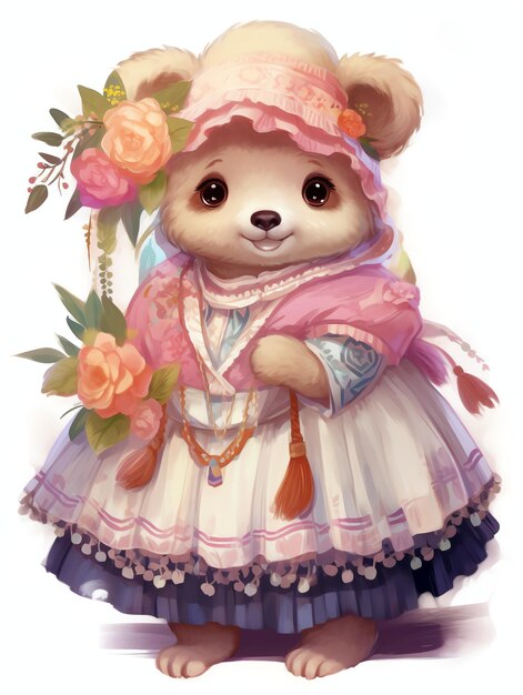 Cute bear with boho peasant dress for kids nursery illustration wall art decoration