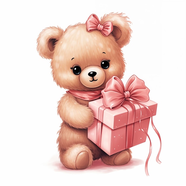 Cute bear with bow on his head gives gift