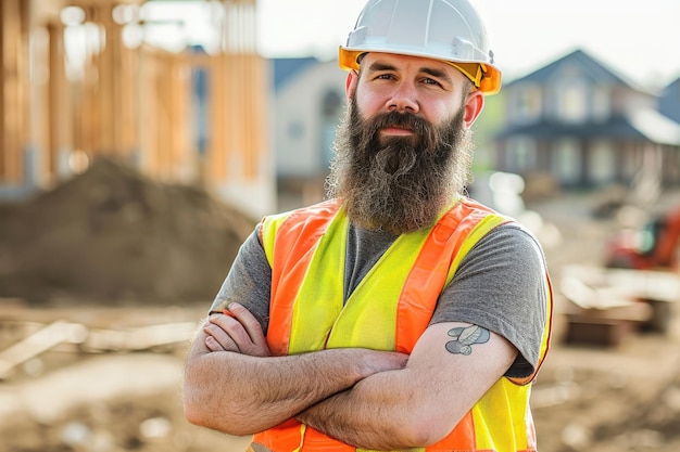 Cute bearded construction worker at construction site