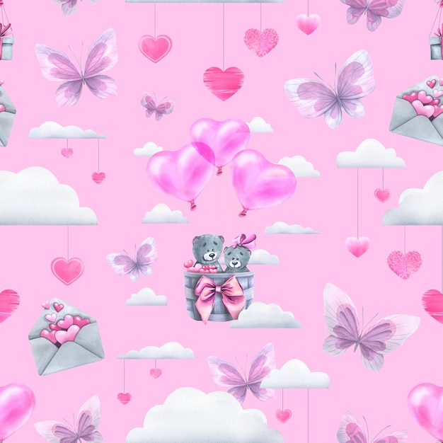 Simpatici orsi su palloncini tra le nuvole con buste regali cuori e farfalle illustrazione ad acquerello motivo senza cuciture su sfondo rosa da un grande set di san valentino per la decorazione