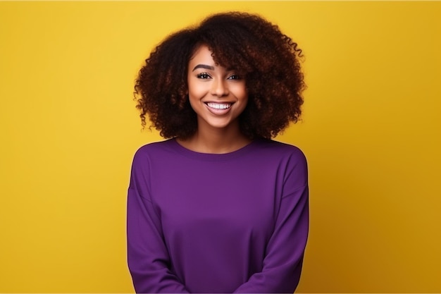 Cute beautiful African American girl wear yellow stylish clothes isolated on color background