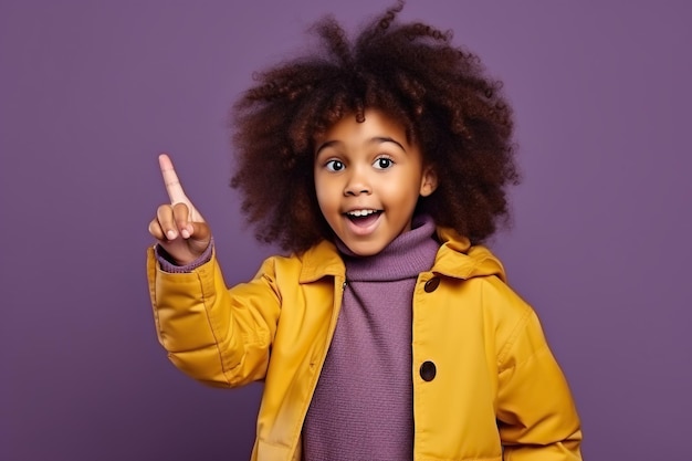 Cute beautiful African American girl wear yellow stylish clothes isolated on purple color background