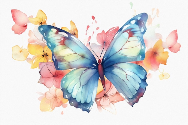 Cute beautiful butterfly pastel colors flowers watercolor illustration