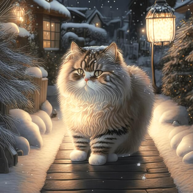 cute beautiful cat on a snowy path waiting for New Year Christmas