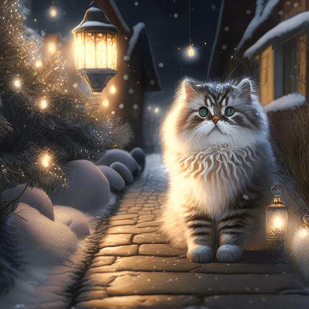 cute beautiful cat on a snowy path waiting for New Year Christmas