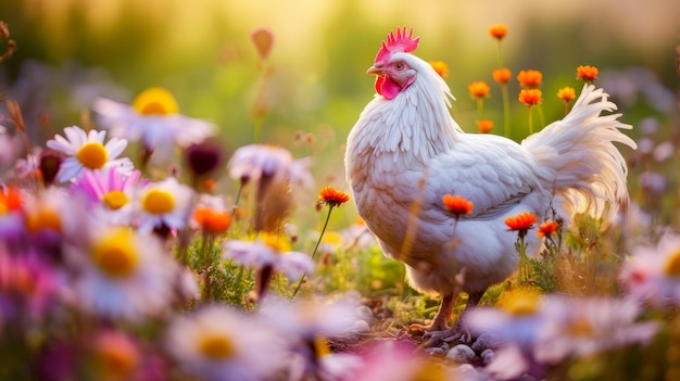 Cute beautiful chicken in a field with flowers in nature in the suns rays