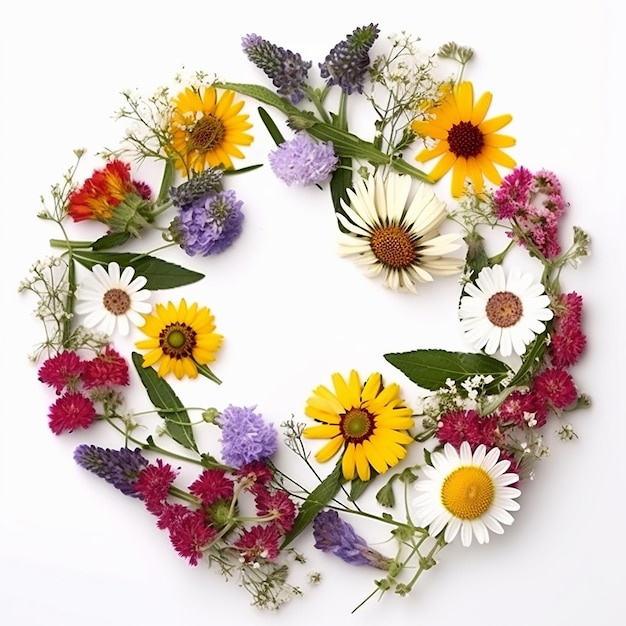 Cute beautiful delicate wreath of wild flowers isolated on white background