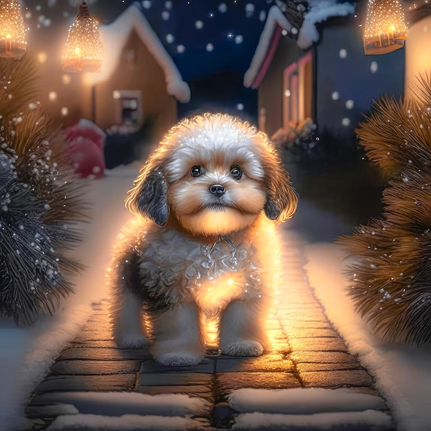 милая красивая собака на снежной тропе ждет Нового года Рождества