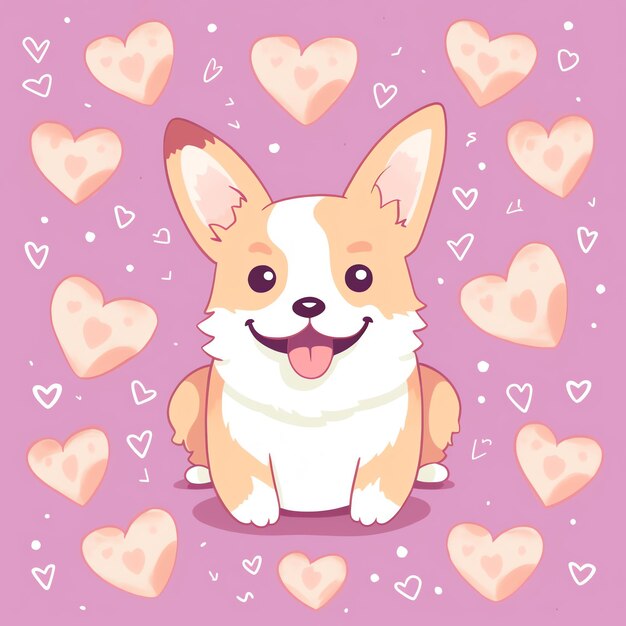 Photo a cute beautiful floral corgi with hearts funny corgi in cartoon style