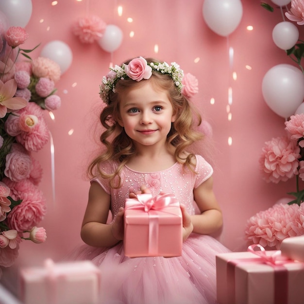 Photo a cute beautiful girl with gift box in light pink dress