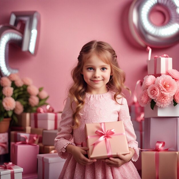 Foto una ragazza carina con una scatola regalo in un vestito rosa chiaro