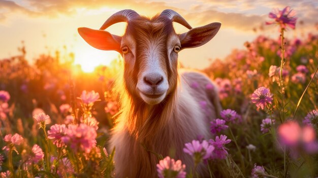 Cute beautiful goat in a field with flowers in nature in sunny pink rays