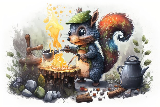 A cute beautiful squirrel cooks food in a pot on fire Generative AI