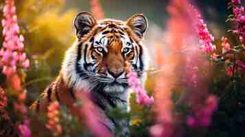 Photo cute beautiful tiger in a field with flowers in nature in sunny pink rays