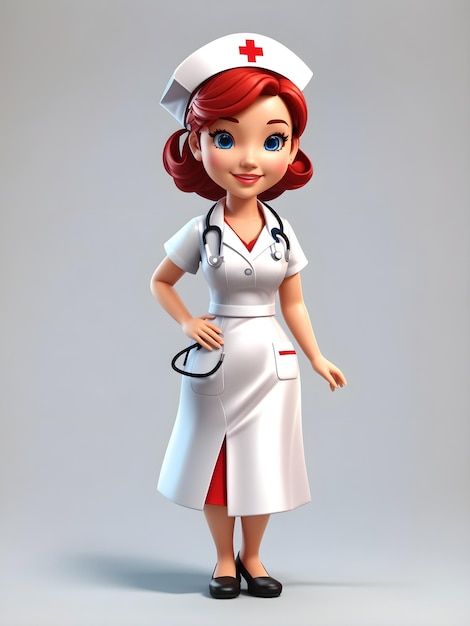 간호사 유니폼과 빨간 머리 색깔을 가진 귀여운 아름다운 의료진 3d 캐릭터