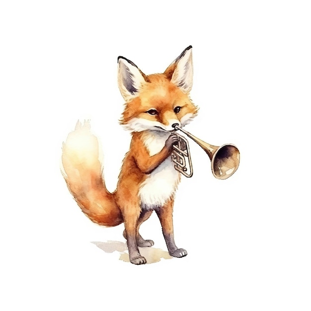 Photo cute beautifull muscial fox playing trumpet watercolor clip