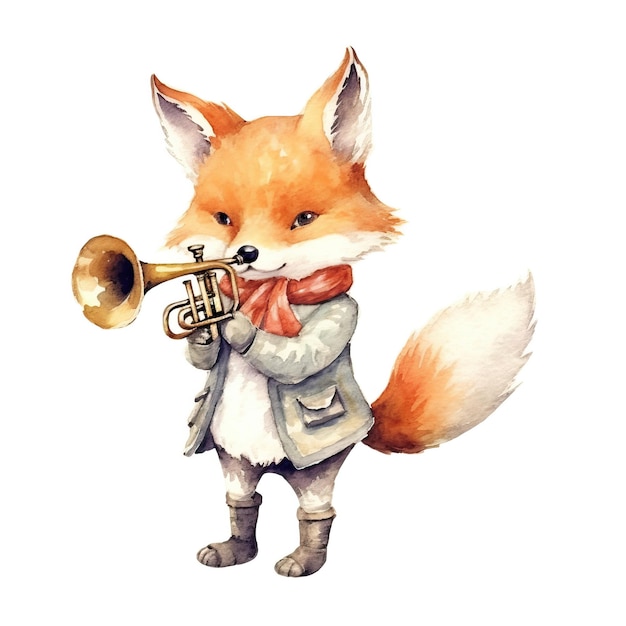 Photo cute beautifull muscial fox playing trumpet watercolor clip