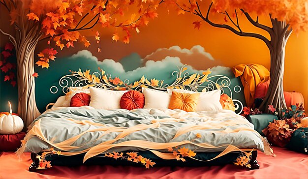 Cute bed with seasonal autumn landscape wallpaper background