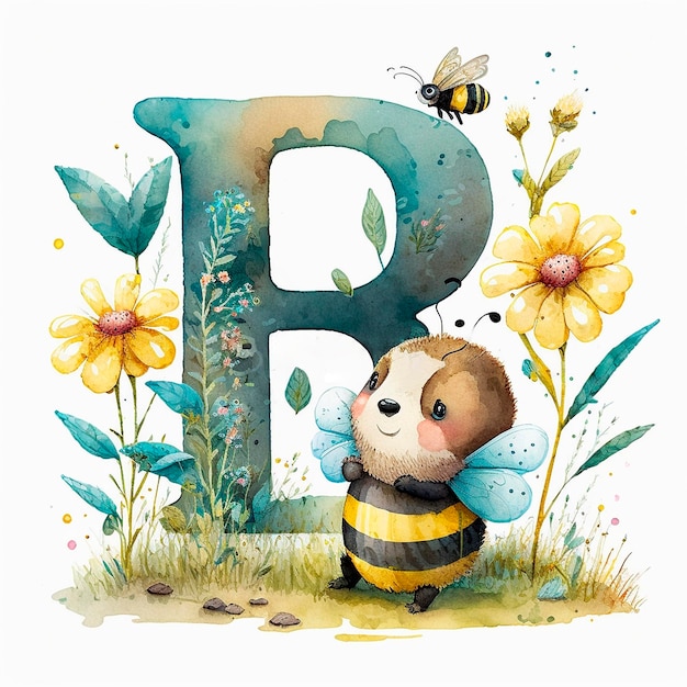 可愛いミツバチとB文字 自然を探索し,アルファベットを学ぶ 水彩画の子供たち