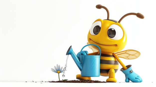 Милая пчела поливает цветок пчела желтая и черная с голубой кувшиной цветок белый с желтым центром