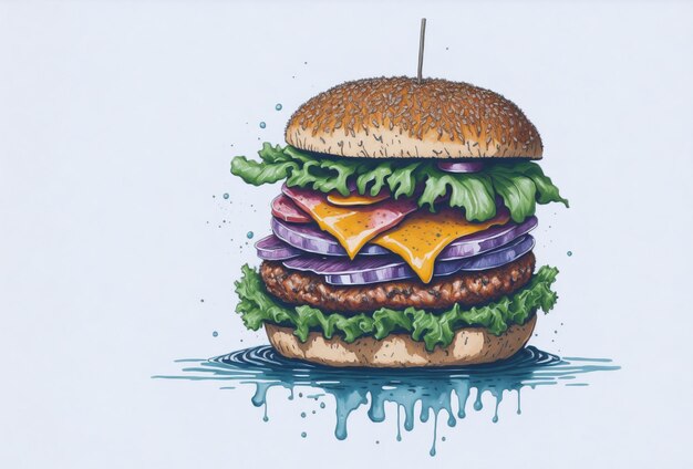 A cute beef burger with cheese and vegetable with water paint theme