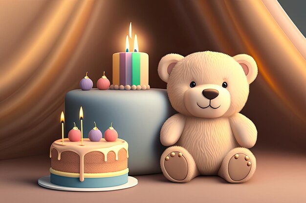 Cute Beige Teddy Bear and Birthday Cake Generative AI